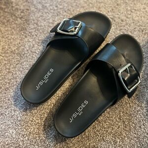 J/SLIDES Black Slide Sandals with Buckle